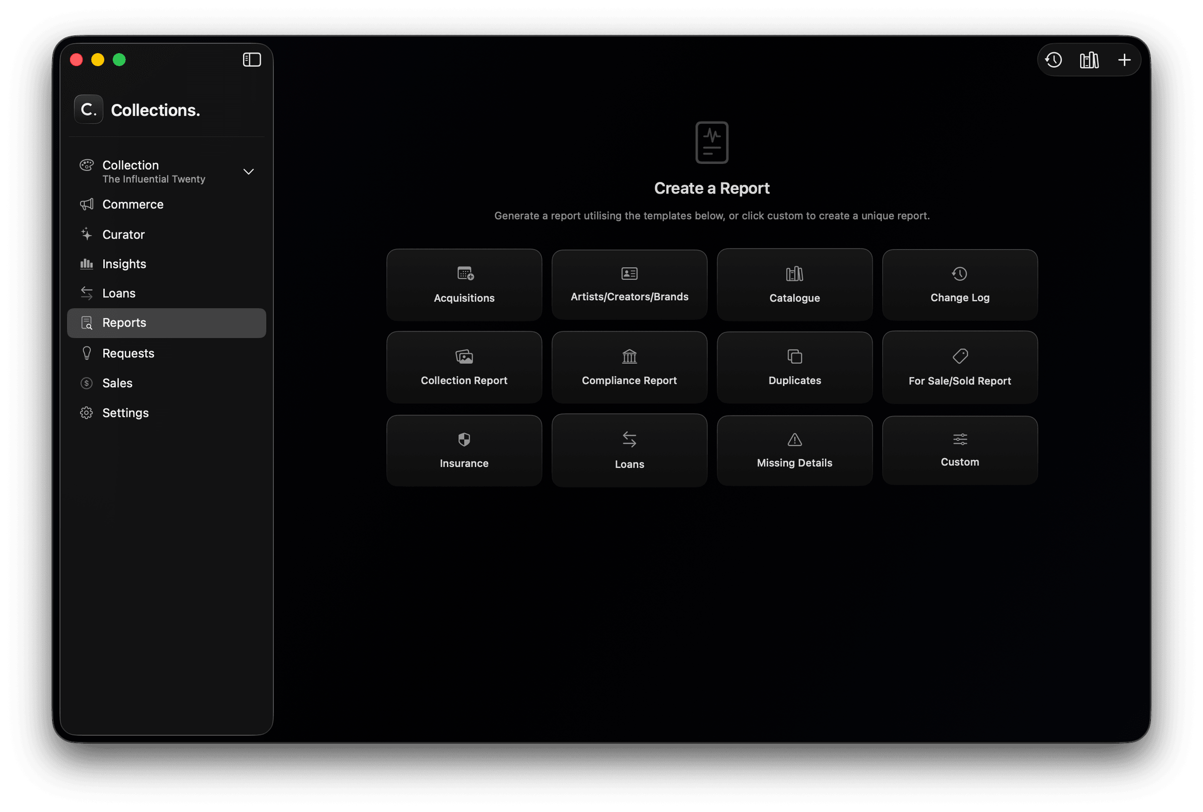 The Reports view with templates for acquisitions, insurance, loans, compliance and custom reports.